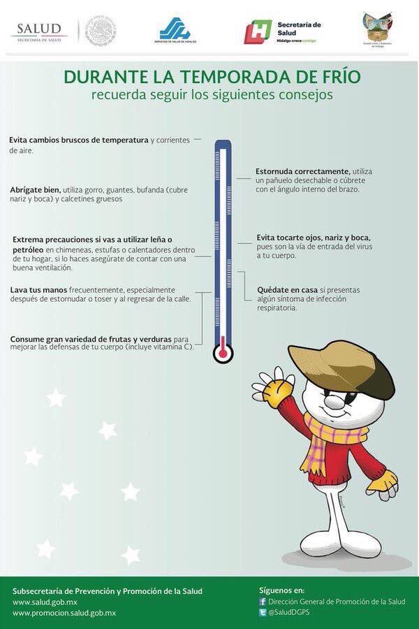 Ante la presencia de bajas temperaturas, abrígate durante la noche; sigue las recomendaciones de <a href="/Salud_Hidalgo/">Secretaría de Salud del Estado de Hidalgo</a>. ¡Cuida tu salud y la de tu familia!