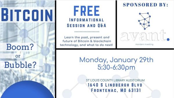 avantinvesting's tweet image. Still Confused on what #Bitcoin is? No worries, we got you covered. Monday 1/29 at 5:30pm St. Louis County Library Headquarters FB Event: qoo.ly/kw5yy #Blockchain #Infopanel #Meetup in #STL #ethereum #ripple #crypto #Stlouis @SLCL
