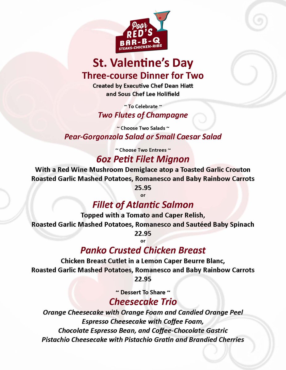 PoorReds's tweet image. @PoorReds doesn't usually take reservations, but for dinner on Valentine's Day, we will take them for parties of four and smaller. Chef Dean has created this special (one night only) menu, offered in addition to our regular menu. Call 530-622-2901. #ElDoradoAuthentic