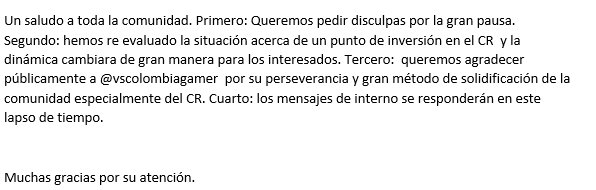 Buenas a todos... un comunicado de interés, que les servirá de ayuda para que tengan un poco claro de que rumbo tomara mas que todo el punto de inversión para la comunidad y el agradecimiento publico a @vscolombiagamer
