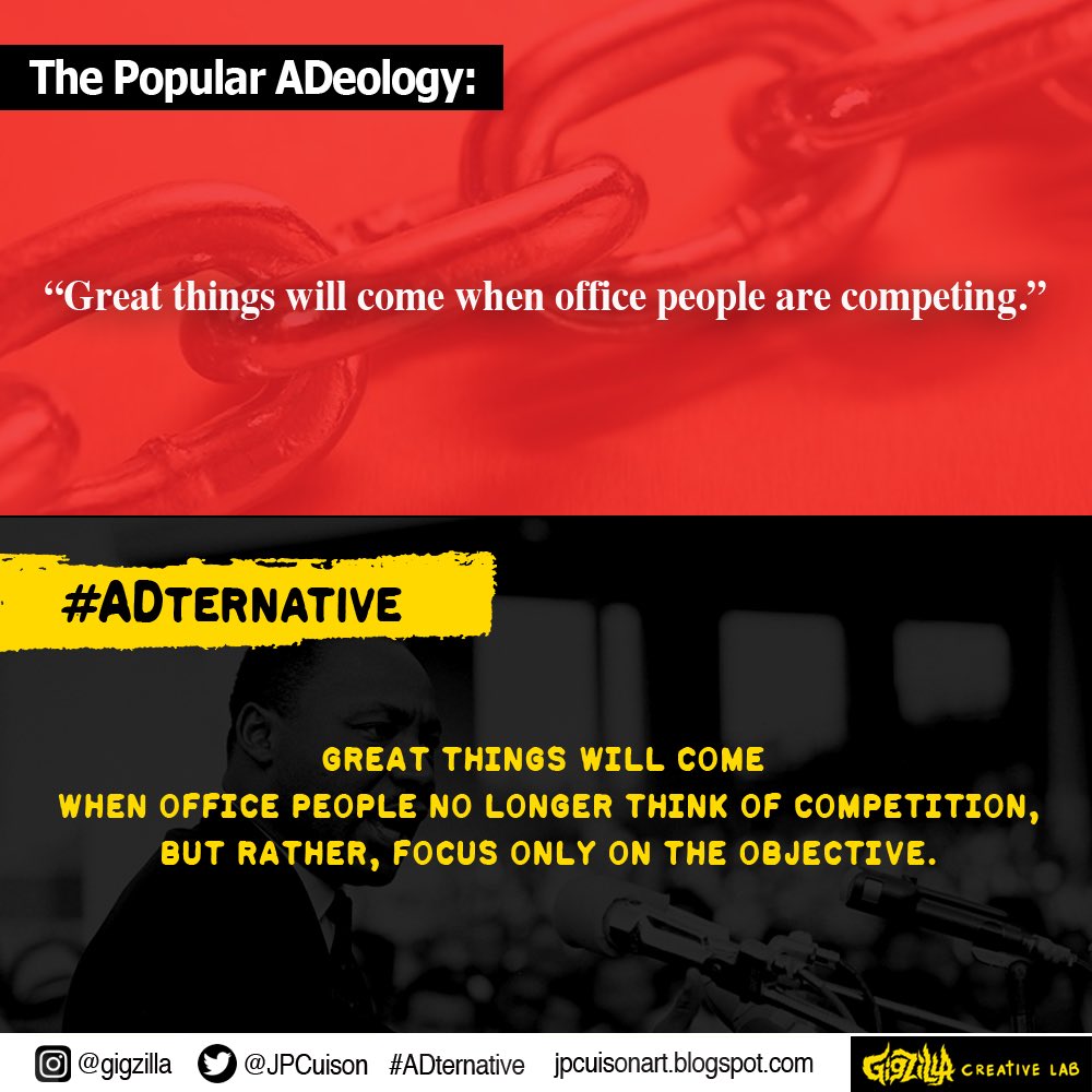JPCuison's tweet photo. Yes, you can trigger creativity and productivity by “summoning” the spirit of competitiveness. But remember there’s the #ADternative—reminding them of the work’s purpose/objective.
.
#gigzillacreativelab #graphicdesign #advertising #advertisinglife #adlife #adman #design #madman https://t.co/cOTYpnXPiR