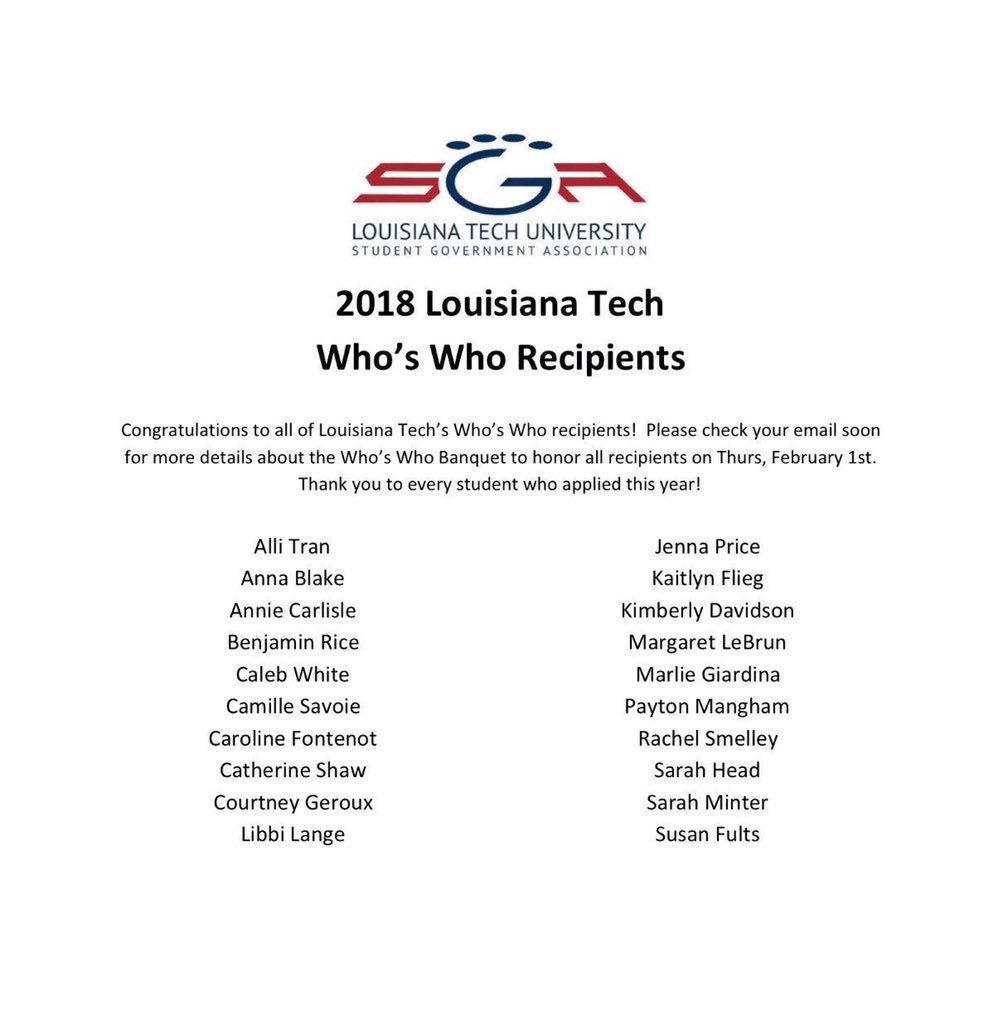 We are so proud of our sweet sisters!! Alli Tran, Anna Blake, Camille Savoie, Kaitlyn Flieg, and Rachel Smelley all are a part of LA Tech's Who's Who recipients!! 💜💜