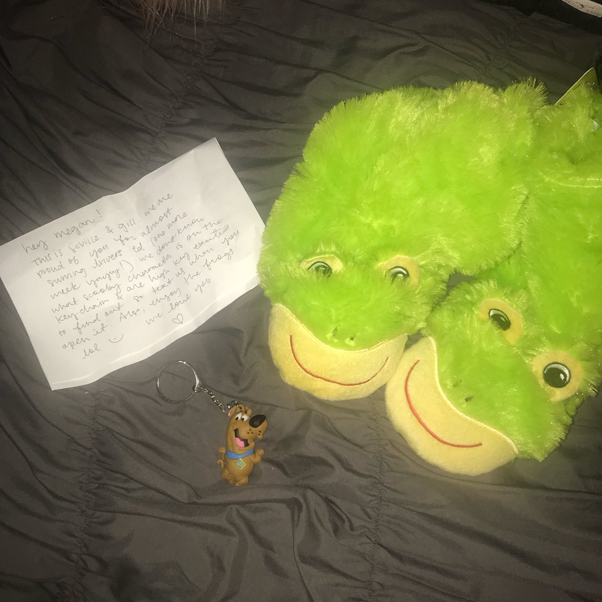 meganschlabig's tweet photo. Get you friends that put a note, frog slippers and a Scooby-Doo keychain at your door cause you’ve had a stressful week! Love you two sooo much you don’t even know!! https://t.co/ixaWreh4mK
