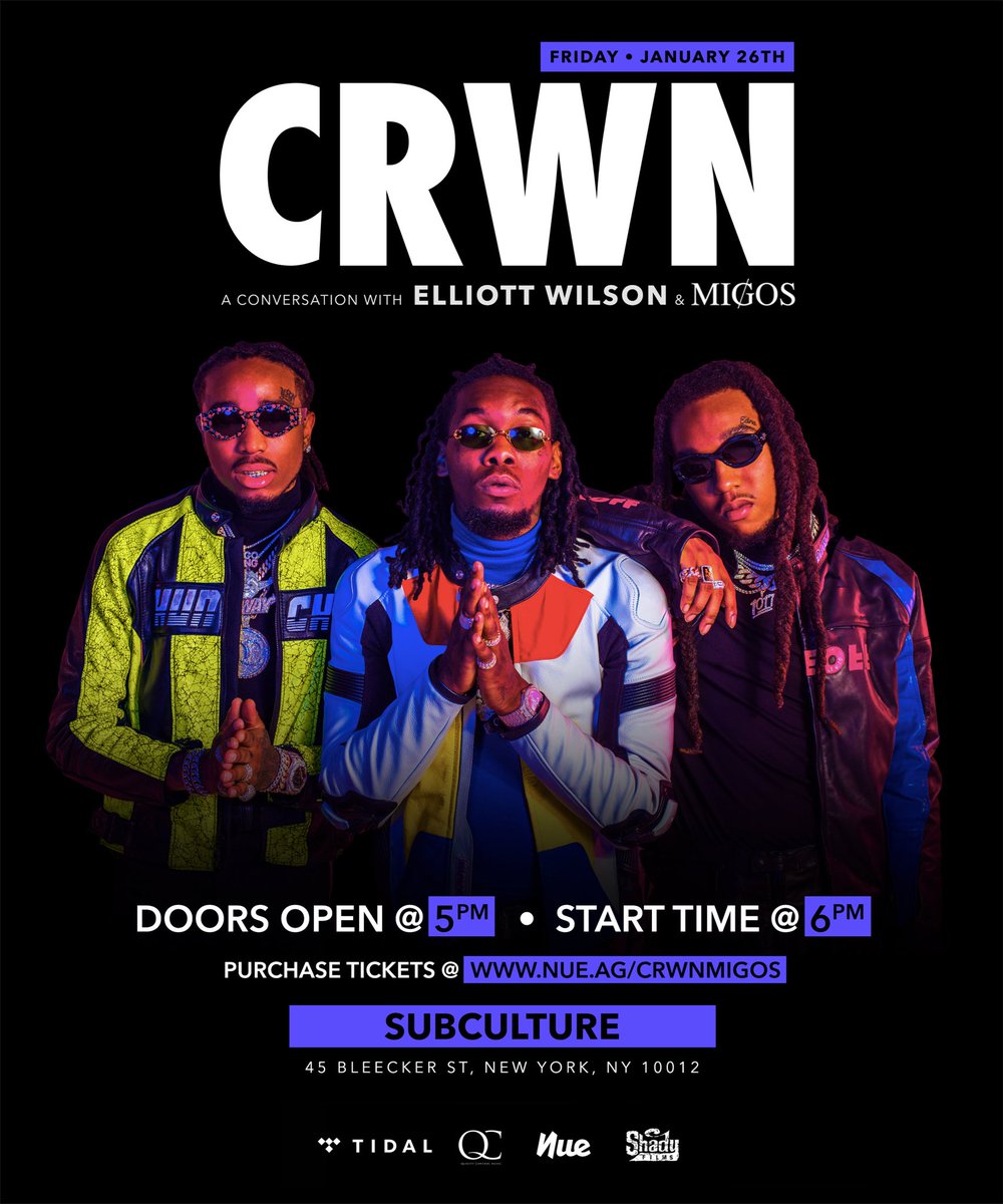 rosenberg's tweet photo. Tomorrow night @ElliottWilson continues CRWN with @Migos live in NYC!  #ShadyFilms @TIDAL https://t.co/uthZ3ywpHt