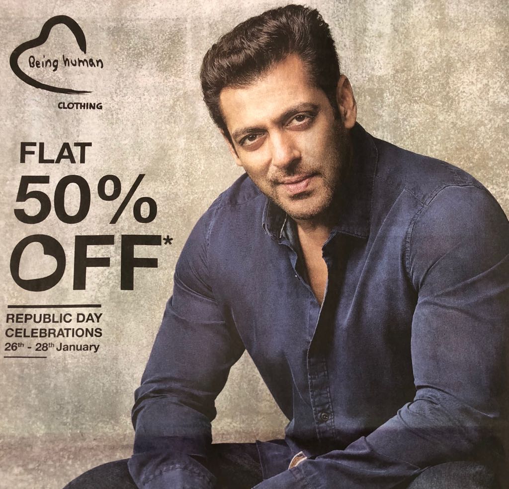 BeingSalmanKhan's tweet photo. Happy republic day frm me, my family n the being human family have a gr8 year ahead n Haan being human has given a 50% discount fr u frm today till the 28th. Enjoy . https://t.co/EaU4i0F3oX