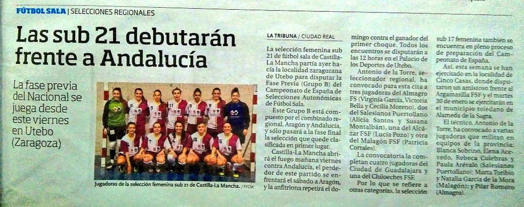 SOMOS NOTICIA @FFCM_Futbol !

Las Sub-21 se ponen en marcha con @CDSanJuanBosco @Chiloeches_FS <a href="/Malagonfsf/">C.D.B Malagón F.S.F</a> <a href="/REALFSF/">REAL ALCAZAR FSF</a> <a href="/Ciudaddeguadafs/">CD Ciudad de Guadalajara FS</a> 

Via <a href="/LaTribunaCR/">La Tribuna de C.Real</a>