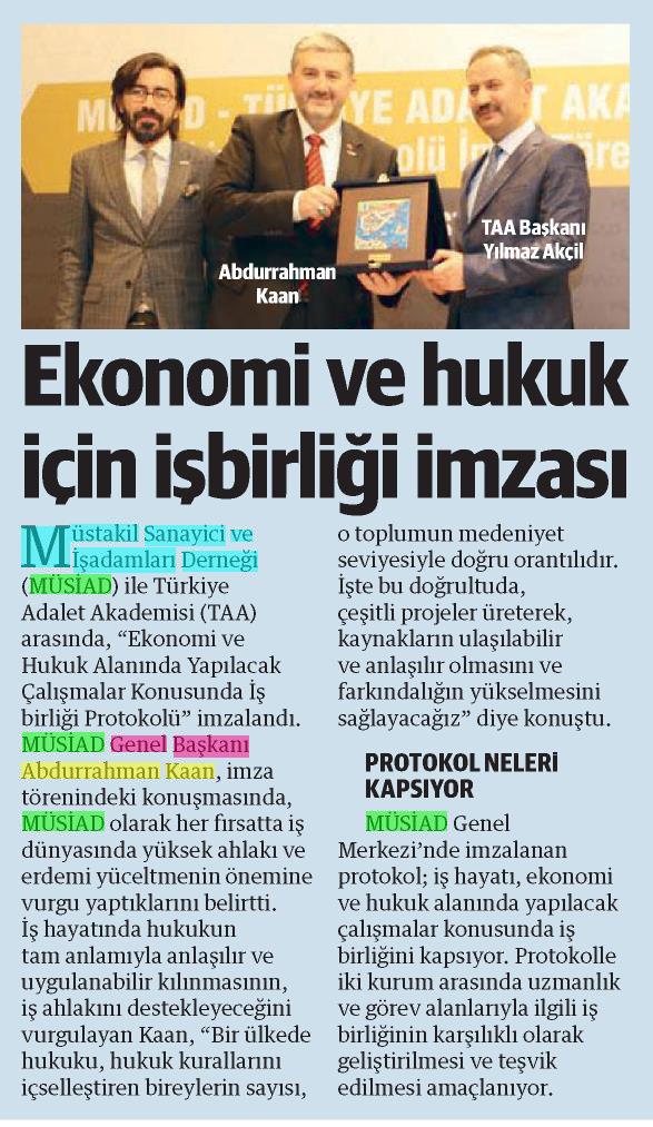 MÜSİAD ile <a href="/AdaletAkademisi/">Türkiye Adalet Akademisi</a> (TAA) arasında imzalanan iş birliği anlaşmasının basın yansımaları... @yilmazakcil