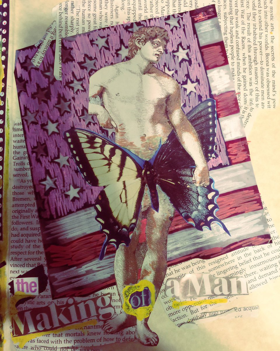 TheBeardedATRBC's tweet photo. Did a little art therapy of my own last weekend. "The Making of a Man"... mixed media collage in an altered book/art journal. #artjournal #alteredbook #arttherapy #themakingofaman  #acceptance #betruetoyourself #artbyme #mixedmedia #collage #mixedmediacollage https://t.co/tayJpH19tY