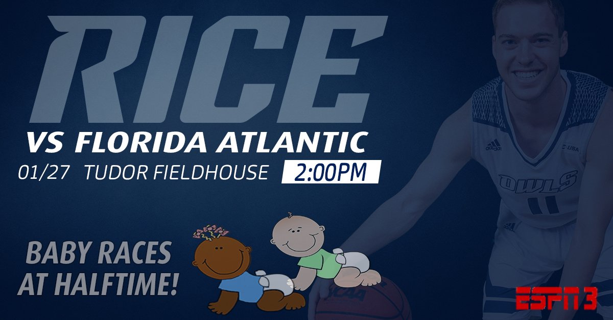 RiceAthletics's tweet image. Don't miss the action this Saturday when @RiceAthletics battles Florida Atlantic right here in Tudor Fieldhouse at 2pm! Stay in your seats at halftime to see the #BabyRaces Get you tickets today &amp;gt;&amp;gt; ow.ly/jeqs30hXhSN