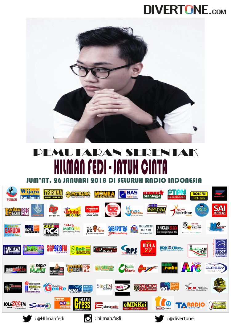sabaputra's tweet photo. #NowPlaying#NewComers#Perdana
Pemutaran Perdana Serentak di Radio se-Indonesia
"Jatuh Cinta" by Hilman Fedi @Hilmanfedi,
Produksi @divertonedotcom
Cocok buat kamu yang lagi mengejar cinta pujaanmu sejak pandangan pertama..

#satuduadantiga
#jatuhcinta
#hilmanfedi https://t.co/8oJCBfwlKz