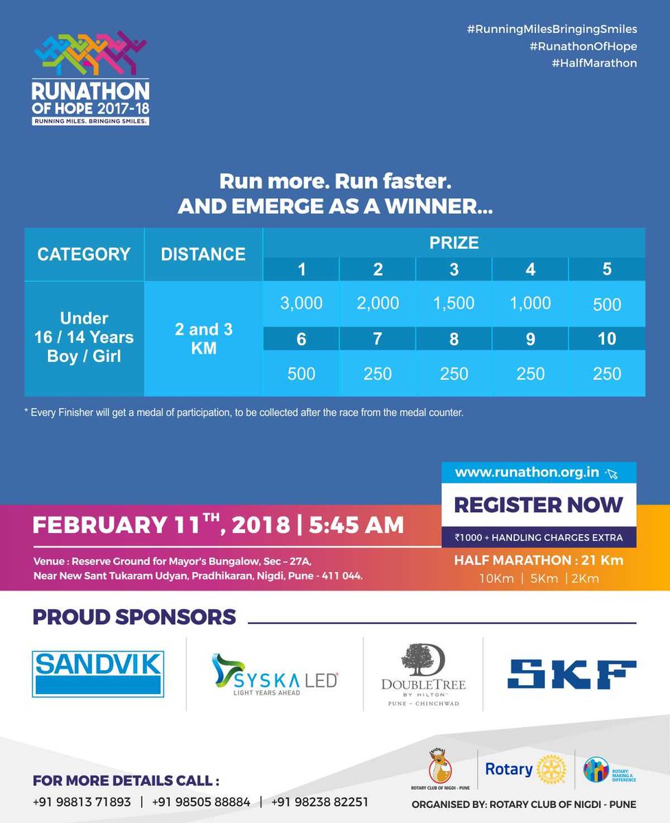 RunathonofHope's tweet photo. Charitable RUN. Less than a month to Go...! Hurry, register now.
Running Distance: 21 km , 10 km & 5 KM
Visit for more details: https://t.co/FbGcKvKlPr
Event Date: 11th Feb 2018
#HalfMarathon #runathonofhope #RunningMilesBringingSmiles #Pune #PCMC #Running #January#February https://t.co/d3Gyog0Urn