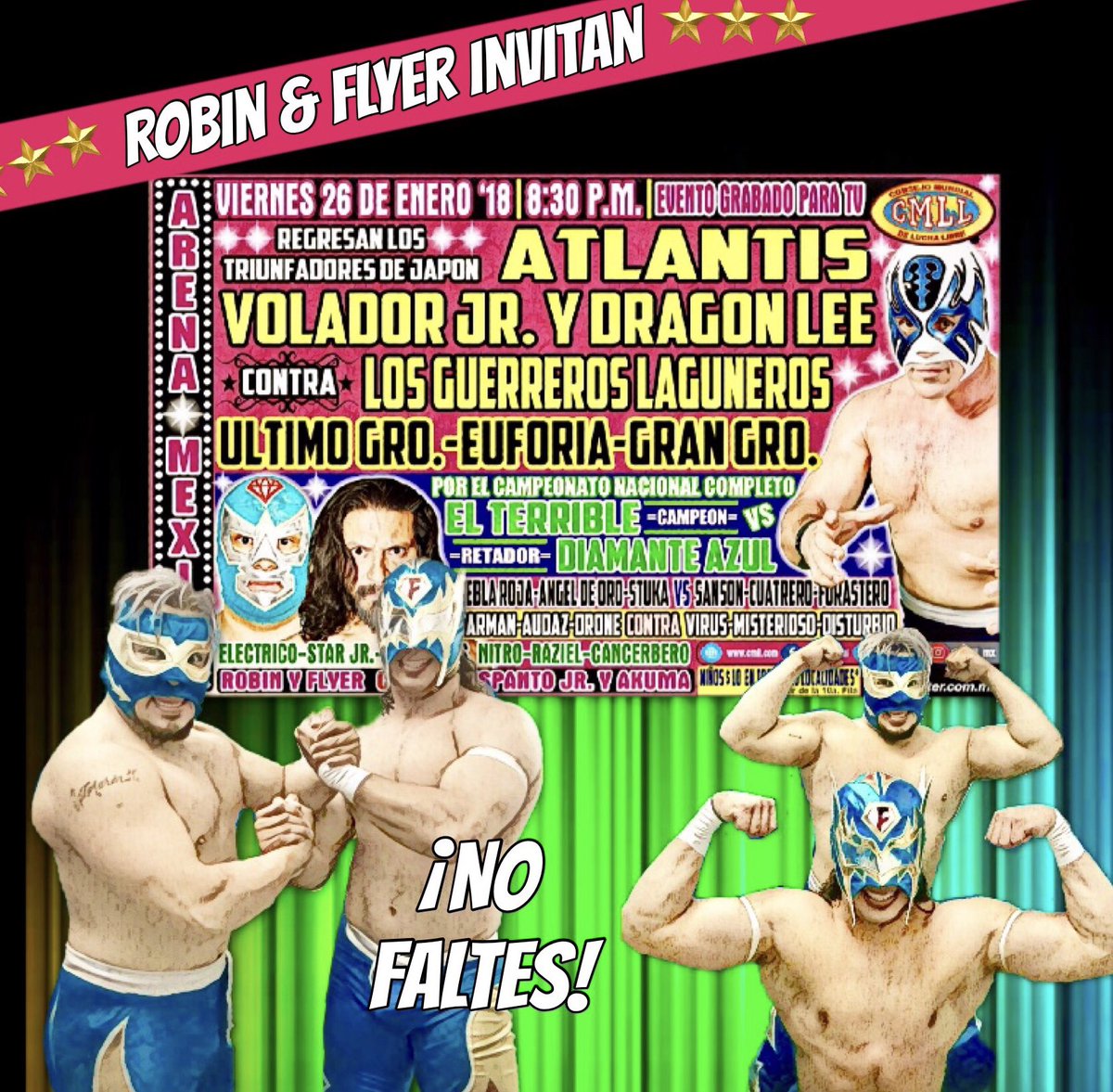 CmllFLYER's tweet photo. ☝️🤩Sus amigos @robinalvarado33 y @CmllFLYER  los invitan este viernes 26 de enero a la @Arena_MX  para disfrutar una espectacular función de #LuchaLibre
Los “compadres del mal” 😈nuevamente juntos en acción 
¡No se lo pueden perder! https://t.co/tBYNjPN62Z
