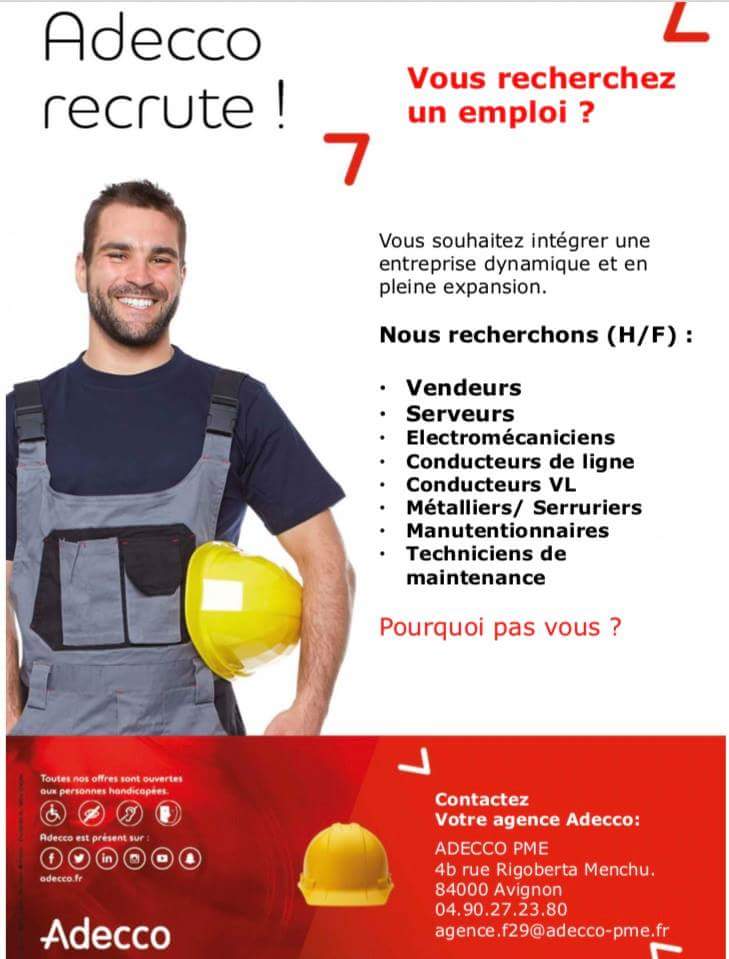 #Recrutement #Adecco #PME #Avignon #Cavaillon . On recrute, si un de ces postes vous intéresse, contactez-nous au plus vite 0490272380. Merci de partager autour de vous 😁😁 @AdeccoPmeF29 <a href="/garriguespasca1/">Garrigues Pascaline</a> <a href="/Elisaajrn/">Elisa Jarniac</a>