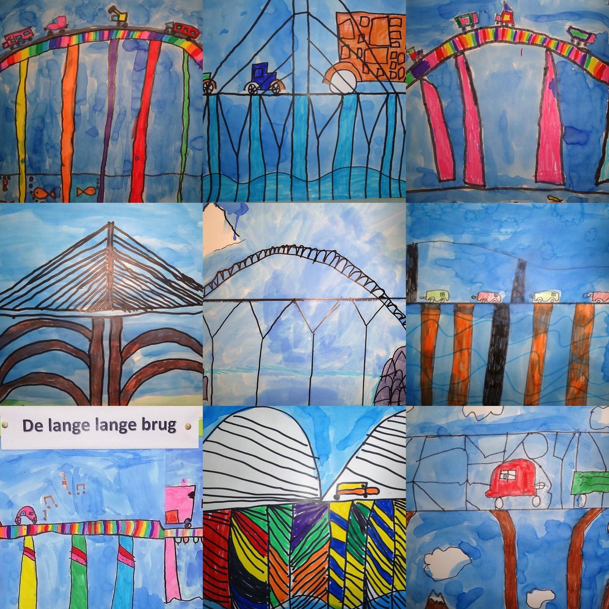 #Topondernemers - Bruggen  4/5

Kinderen hebben informatie  gezocht over allerlei bruggen, daarna mochten zij er ééntje tekenen.
Alle bruggen pasten ook nog eens zo goed mogelijk aan elkaar ... het werd één lange brug!