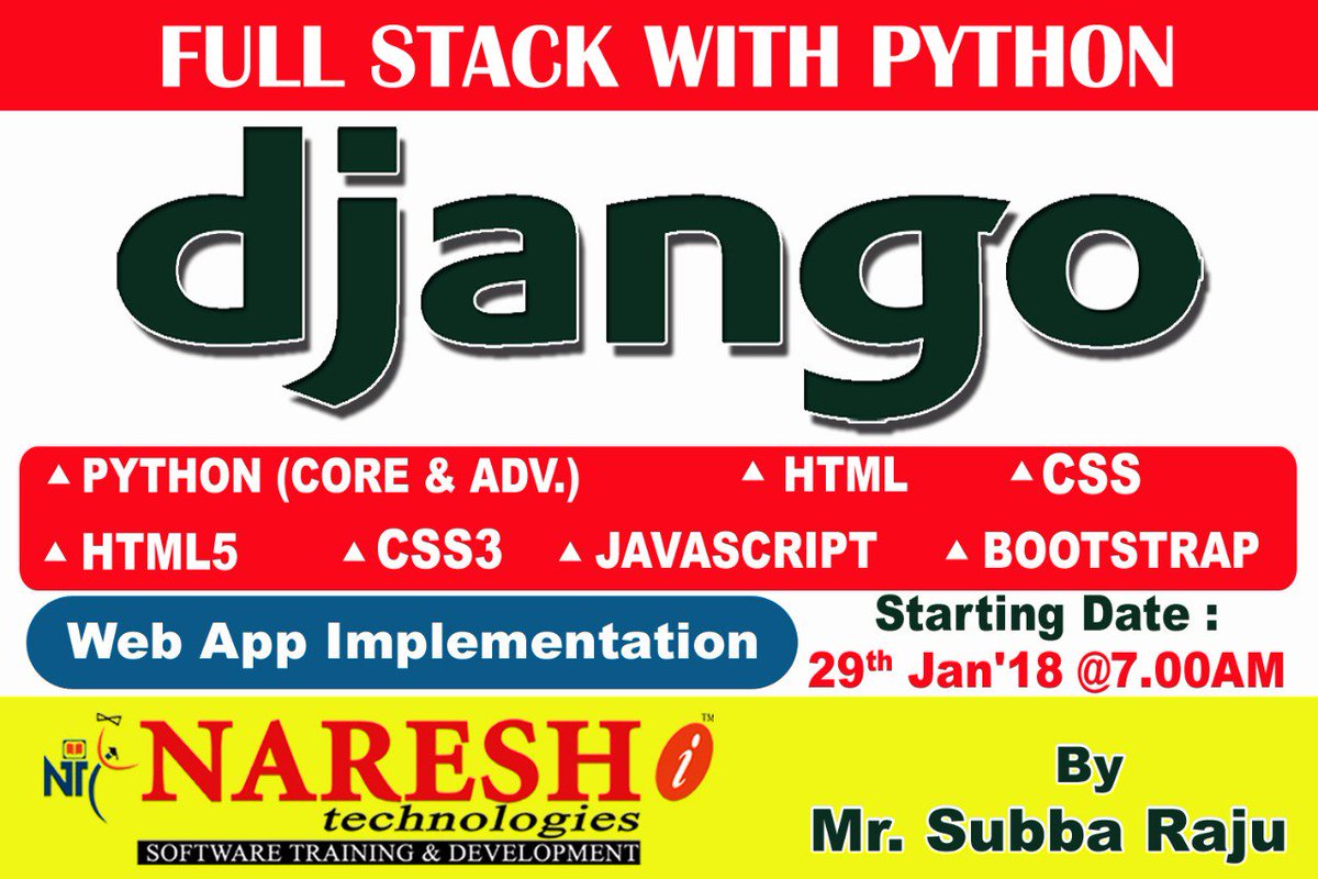 nareshitech's tweet image. #FullstackwithPython #django from 29th Jan&apos;18 @ 7.00 AM by Mr.#SubbaRaju Sir - #NareshIT