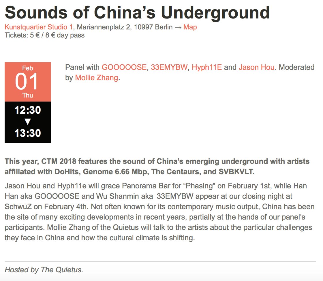 Jake Newby (@jakenewby) on Twitter photo If you're in Berlin next week, <a href="/CTM_Festival/">CTM Festival</a> has a series of events featuring some of China's most interesting electronic artists: Shanghai's <a href="/hanhan_DFG/">HanHan_gooooose</a> <a href="/Hyph11E/">Hyph11E</a> & 33EMYBW, plus Jason Hou from <a href="/dohits/">Do Hits</a> . Kicks off with a discussion hosted by <a href="/theQuietus/">The Quietus</a> ctm-festival.de/festival-2018/… If you're in Berlin next week, <a href="/CTM_Festival/">CTM Festival</a> has a series of events featuring some of China's most interesting electronic artists: Shanghai's <a href="/hanhan_DFG/">HanHan_gooooose</a> <a href="/Hyph11E/">Hyph11E</a> & 33EMYBW, plus Jason Hou from <a href="/dohits/">Do Hits</a> . Kicks off with a discussion hosted by <a href="/theQuietus/">The Quietus</a> ctm-festival.de/festival-2018/…