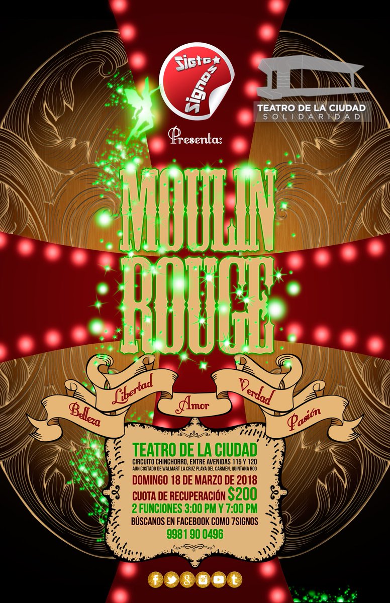 7signos's tweet photo. #SieteSignos Presenta #MoulinRouge este próximo 18 de marzo de 2018
Teatro de la Ciudad
Circuito Chinchorro, entre avenidas 115 y 120 aun costado de Walmart La Cruz, Playa Del Carmen.
2 Funciones 3:00 pm y 7:00 pm.
#TeatroMusical @VivoEnCancun https://t.co/ZdwjJA7bdB