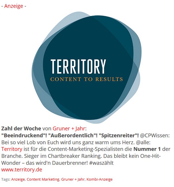turi2's tweet photo. Anzeige: @territory_group ist im Ranking von @CPWissen die Nr. 1 der Content-Marketing-Spezialisten. Das bleibt kein One-Hit-Wonder – das wird'n Dauerbrenner! #waszählt https://t.co/Hcz55oFoGR https://t.co/gTKb6w1Wxc