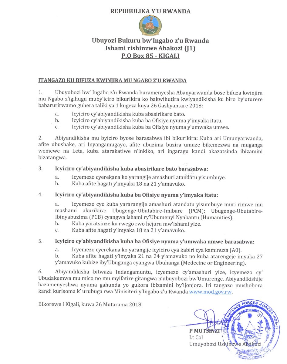 Rwanda Defence Force Itangazo Kubifuza Kwinjira Mu Ngabo Z U Rwanda Rwandamod T Co V78fzaknqi