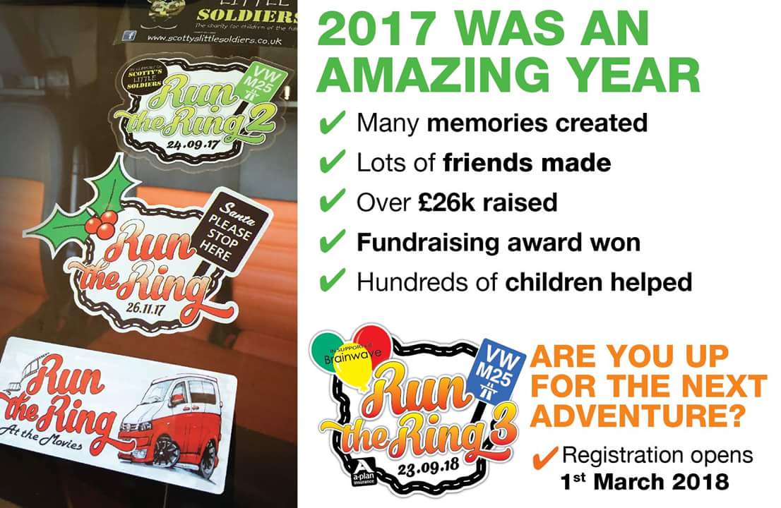 VWM25Runthering's tweet photo. SAVE THE DATE: 23rd SEPTEMBER 2018.
Tell your VW friends - they are ALL welcome.
The first 100 registered for RTR3, will get a free big RTR2 sticker in their pack, so they can show off both in September.
#OneBadgeOneFamily #Magic1000 #RTR3 #Brainwave #vanlife #vw #m25 https://t.co/mfQPhik7Ly