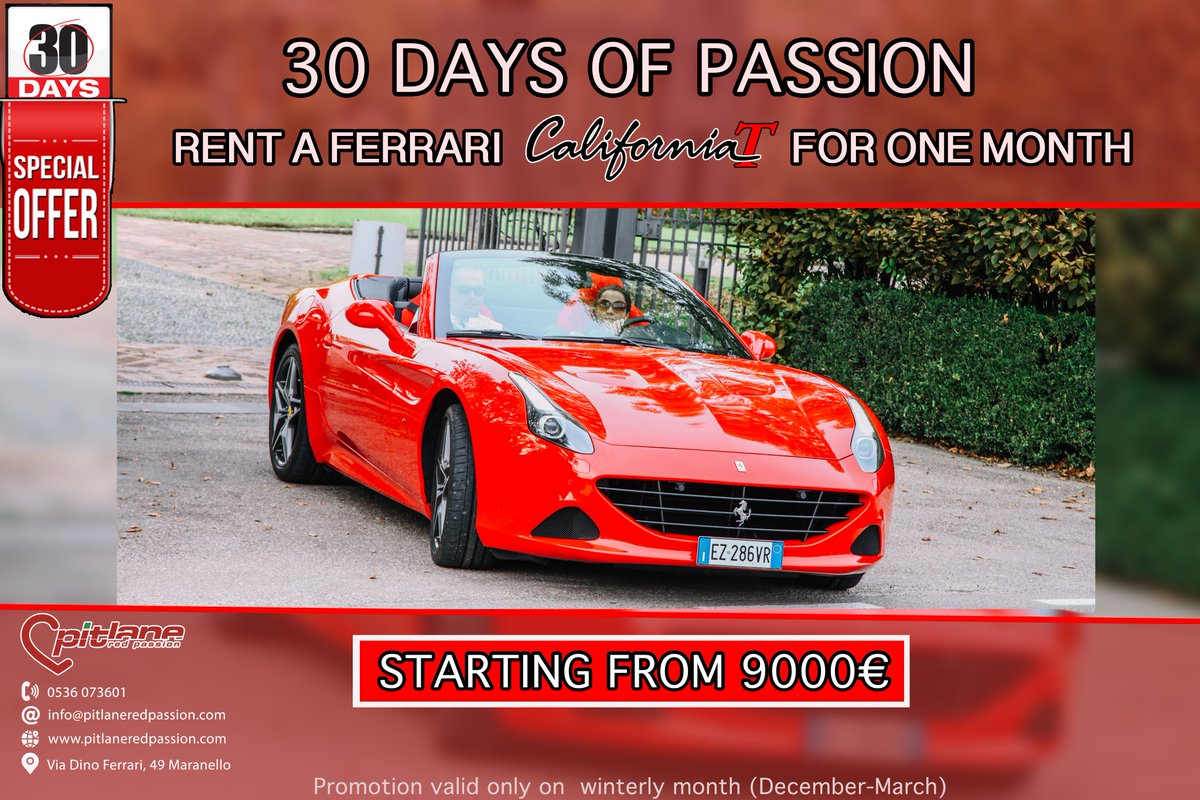 💥SUPERPROMO💥
Benefit from our "Low Season" offers to make you 
an EXTRA-ORDINARY GIFT.
Rent a Ferrari CaliforniaT for a month starting from 8000€
(promotion valid only on winterly months, from December to March)