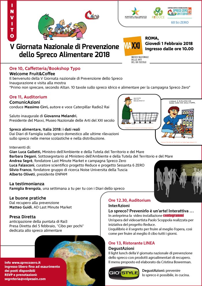 spreco_zero's tweet photo. V Giornata nazionale di Prevenzione #foodwaste #sprecoalimentare Ecco il programma degli eventi giovedì 1 febbraio a Roma @Museo_MAXXI dalle 10, comn mostra #Altan e videoinstallazione interattiva #centogrammi Vi aspettiamo, l'ingresos è aperto a tutti! https://t.co/zxbimCTxCY