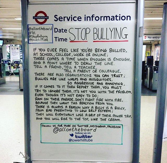 allontheboard's tweet photo. Stop Bullying...@allontheboard #allontheboard @StopBullyingGov @bullyinguk @STOMPOutBullyng @CarersTrust @samaritans @MindCharity @YoungMindsUK @visitlondon @TfL @towerhilltube @ISeeBullying #StopBullying #MentalHealthAwareness #depression #antibullying #StopIt #FridayFeeling https://t.co/sfx66PO34J