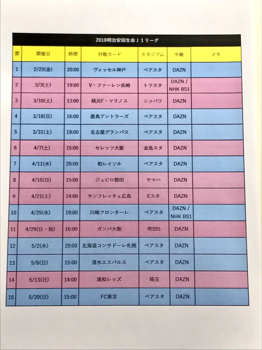 ブラウグラーナサガン 18 サガン鳥栖 試合日程表 リーグ戦 ルヴァンカップ 1枚目はwc中断前の15節まで 2枚目はそれ以降の分 ホームはブルー アウェイはピンクで色分け 自己満で作ったものですがよければどうぞ Pdfはこちらから T Co