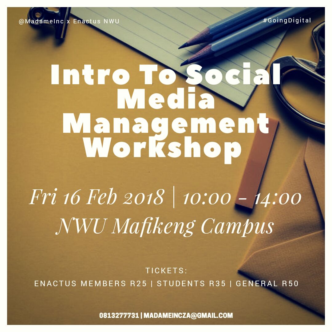 Upcoming event. Fri 16 Feb 2018. Save the date.
#NWUMaf #EnactusNWUMaf