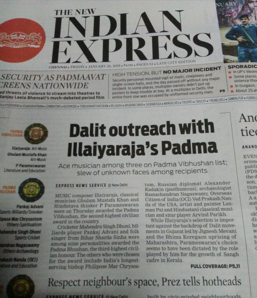 smitabarooah's tweet photo. THIS headline is an apt representation of our media ethics today:
-Can't see beyond a music legend's caste
-Whinging about #PadmaAwards given to "unknown" faces,unlike good ol' days when awards palmed out to friends,relatives &amp; sycophants
#Republicday2018 https://t.co/VrOlma8SVb