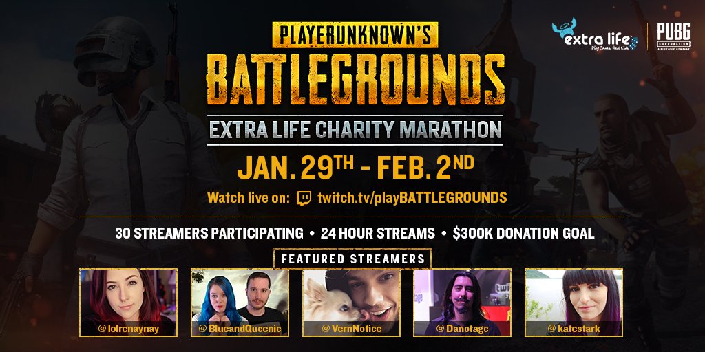 PUBG's tweet photo. Next week, we are teaming up with @ExtraLife4Kids in a charity marathon to raise $300,000 for children's hospitals. Meet some of the numerous streamers helping us achieve our donation goal! You can sign up or donate here: https://t.co/1fOID9dVsG #ThisIsBattleRoyaleForTheKids https://t.co/qH07OggsVT