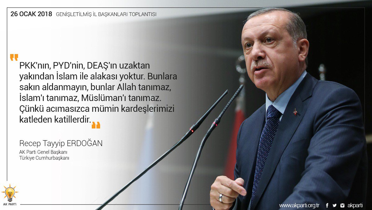 "PKK'nın, PYD'nin, DEAŞ'ın uzaktan yakından İslam ile alakası yoktur. Bunlara sakın aldanmayın, bunlar Allah tanımaz, İslam'ı tanımaz, Müslüman'ı tanımaz." goo.gl/QZUaAM