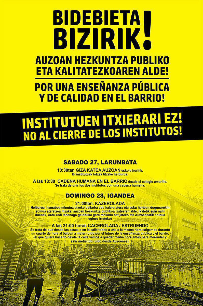 MareaBidebieta organizan una cadena humana y caceroladas en contra el cierre del instituto. La gente de @VamosEuskadiOFI estará apoyandoles.

donostitik.com/una-cadena-hum…