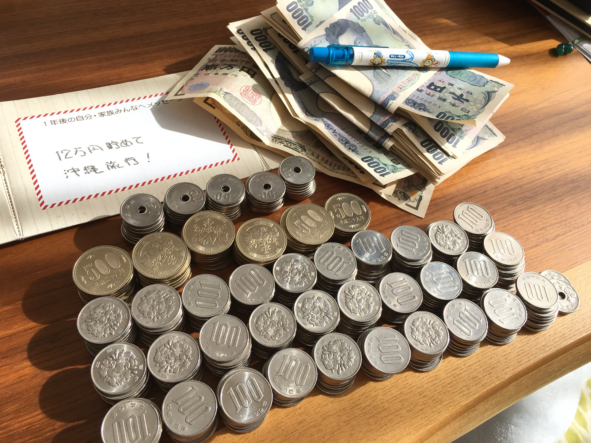 Twitter 上的 ささ 去年一年頑張った小銭貯金を開封 毎日数百円づつ入れるやつなんだけど途中溜め込んで札でまとめて入れる事もしばしばだったけど 無事に１２万達成 残念ながら沖縄旅行は当分行けそうにないけど色々必要だから貯めてて良かった 今年も何か