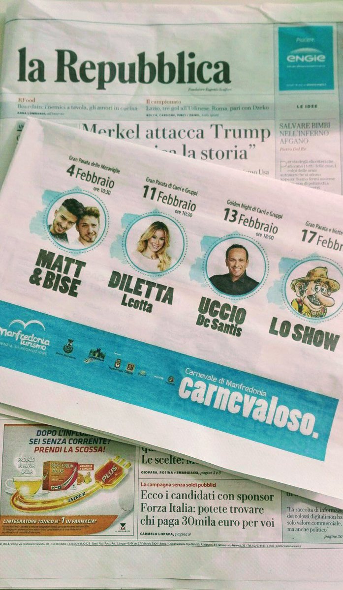 Eccoci su la <a href="/rep_bari/">Repubblica Bari</a> con i nostri super ospiti <a href="/DilettaLeotta/">Diletta Leotta</a>, <a href="/MatteoPelusi/">Matt Pelusi</a> e <a href="/ucciomudu/">Uccio De Santis</a>. Intanto non prendete impegni per domani. In arrivo su #Fb la video diretta per annunciare gli ospiti del 17 febbraio 2018. #CarnevaleManfredonia.