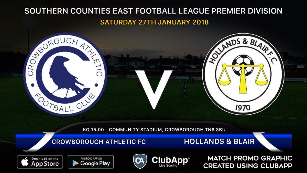 CrowboroughAFC's tweet photo. Sat 27th Jan
@CrowboroughAFC Vs @HollandsblairFC
KO 15:00 at Community Stadium, Crowborough TN6 3BU.
Weather permitting, Hollands &amp; Blair visit for a SCEFL Premier fixture tomorrow. Crow Arms /Top Nosh Cafe will be open so come on down.
Match Promo Created on @ClubApp.
#ClubApp https://t.co/SmnqliowXq