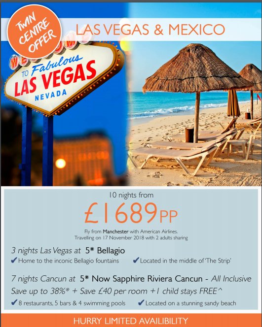 FailsworthTrave's tweet photo. FAILSWORTH TRAVEL Your independent travel agent
5* LAS VEGAS & MEXICO.
Departs 17 Nov 2018 - 10 nights.
From Manchester,
From only Β£1,689pp.
Tel:- 0161-682-6600 for Details
#Discover5* https://t.co/XpQnTlZZ5z