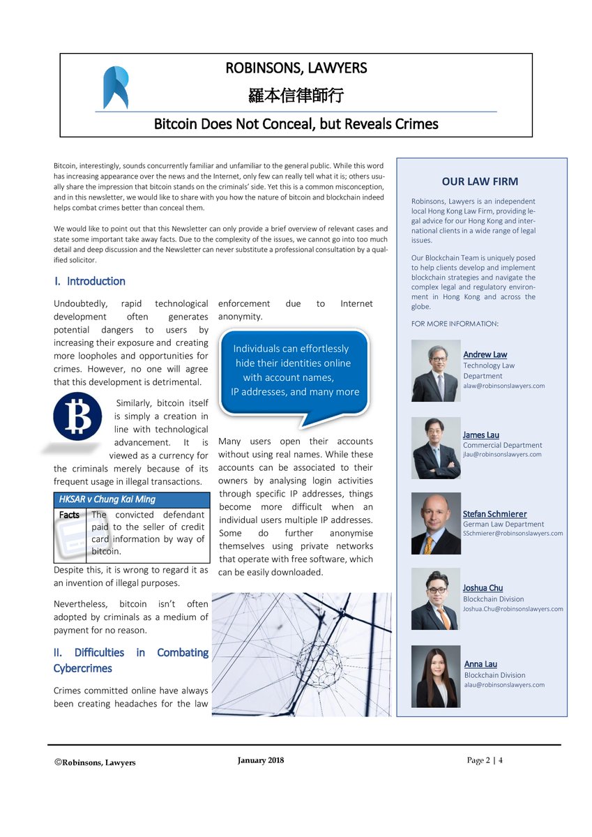 RobinsonsLawyer's tweet photo. In this newsletter, we would like to share with you how the nature of bitcoin and blockchain indeed helps combat crimes better than conceal them.

#BitcoinLaw #BlockchainLaw https://t.co/W3UGF1IXem