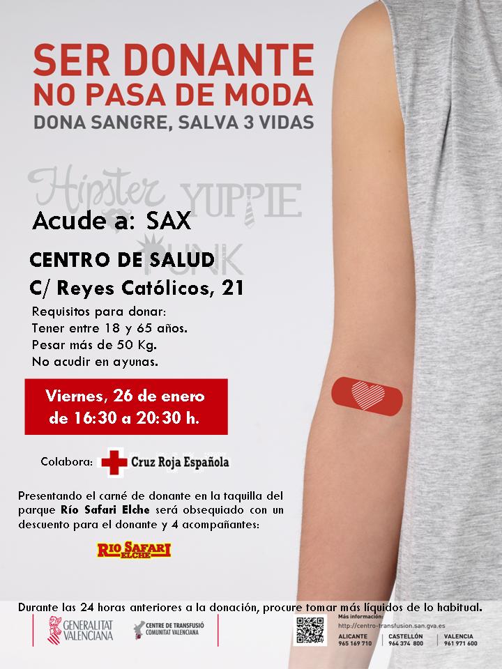 #Sax|  Donación de sangre hoy viernes 26 de enero de 16:30 a 20:30 horas en el Centro de Salud. Si tu grupo es B NEGATIVO tu colaboración es más necesaria, este mes de #enero las reservas no consiguen el nivel óptimo