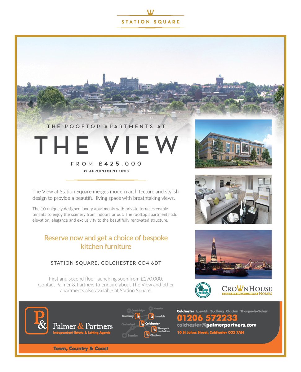 PalmerPartners's tweet image. LAUNCHING TODAY: 'The View' at Station Square. Elegant brand new penthouse apartments, providing breath taking views. Please call 01206 572233 to enquire. #Colchester #NorthStation #StationSquare #CrownHouseHomes