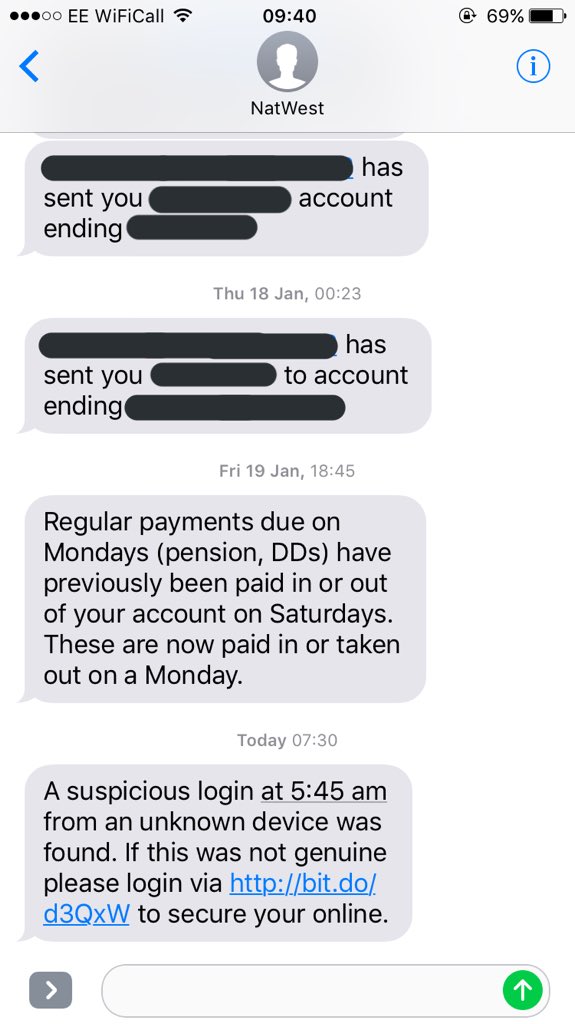 Jameela__'s tweet photo. Guys if you get this text, eventhough it says it's from NatWest, and on mine it had all the previous legitimate texts from NatWest on it aswell which made me think it was legit, it's a scam. https://t.co/10Liy6Kd5m