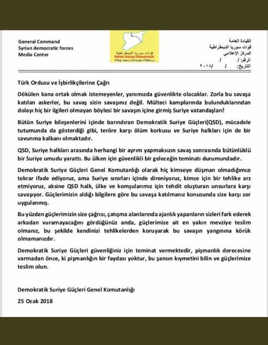DSG(QSD), Türk devletinin savaşmaya zorladığı ÖSO’lulara teslim olun çağrısında bulundu.