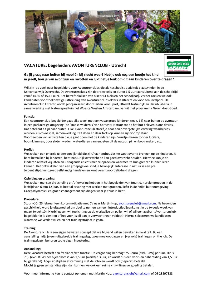 De #Avonturenclub zoekt nieuwe (freelance) begeleiders. Iets voor jou? Zie de #vacature! #030inbeweging <a href="/groendoetgoed/">Groen doet goed</a>