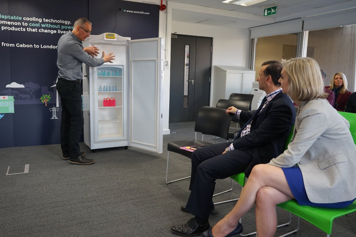 Sure_Chill's tweet photo. A visit to our new office from Chief Secretary to the Treasury @trussliz, and Secretary of State for Wales @AlunCairns, to see our life saving technology that's exported around the world. https://t.co/9HcDFlwTEz