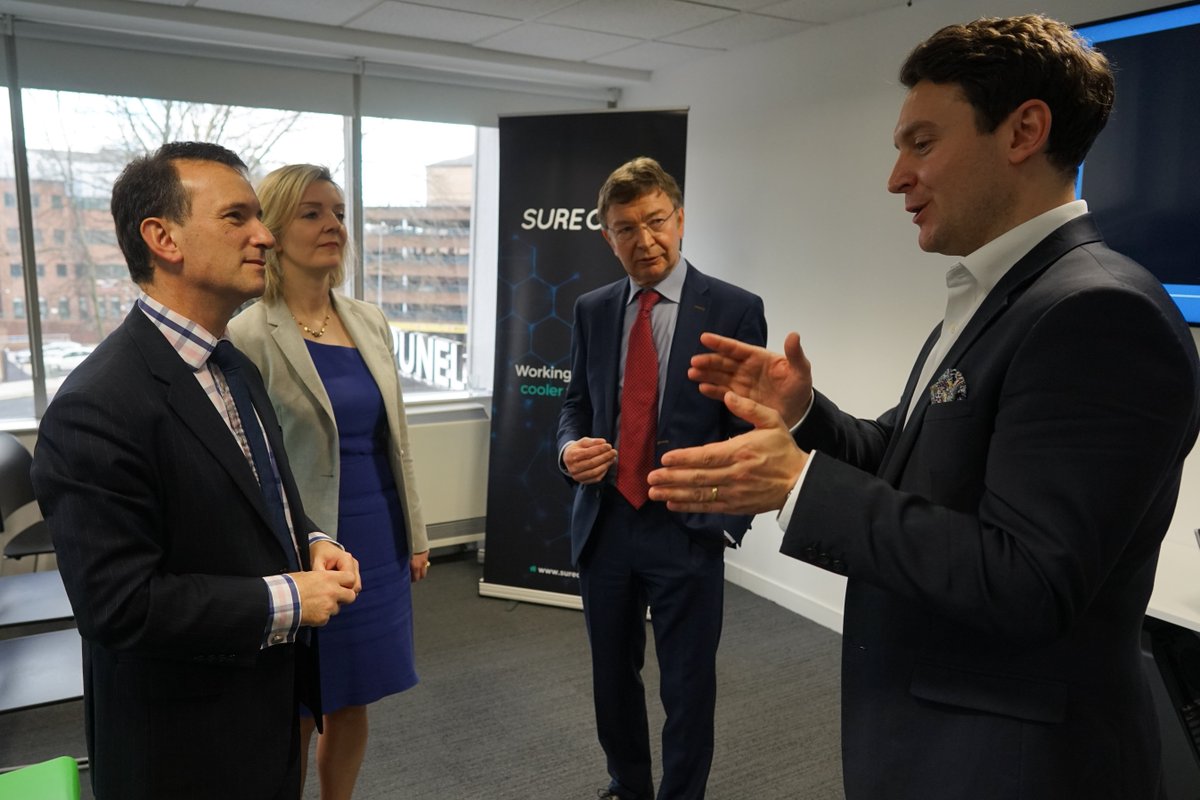 Sure_Chill's tweet photo. A visit to our new office from Chief Secretary to the Treasury @trussliz, and Secretary of State for Wales @AlunCairns, to see our life saving technology that's exported around the world. https://t.co/9HcDFlwTEz