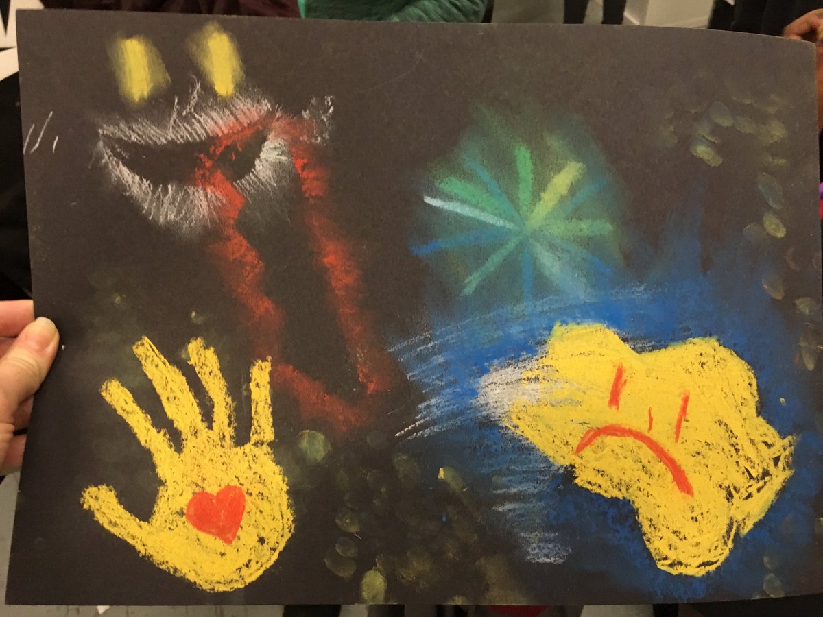 Z_BrightSparks's tweet photo. Our Art Stars made chalk drawings to express all the emotions they'd felt that day. They made stencils &amp; overlapped drawings to show their mix of feelings. And felt better after! Inspired by immersive performance Chit Chat Chat Show on at @z_mcr tomorrow https://t.co/9jSge5sGmi https://t.co/Vxyuv9alm9