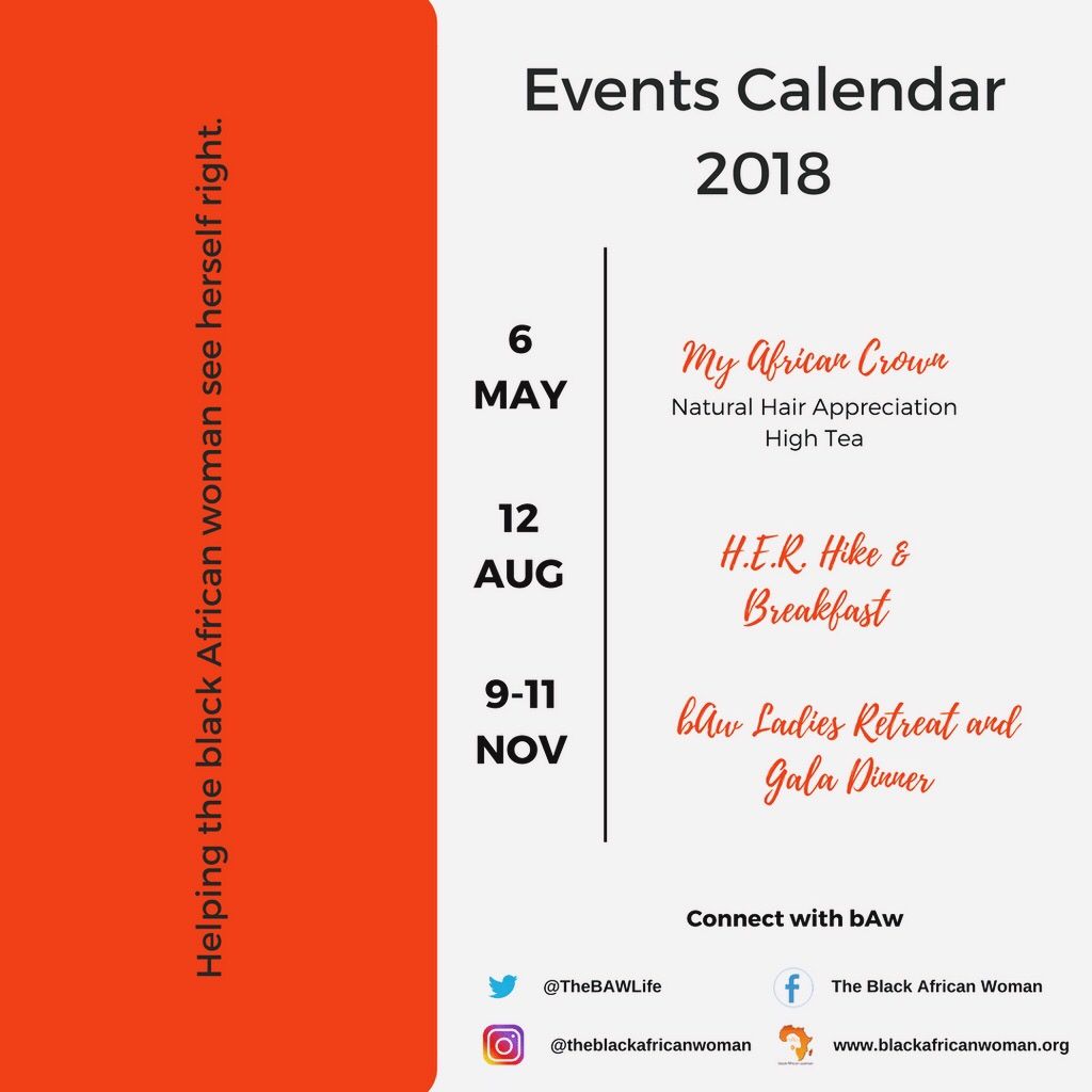 A brief breakdown of the awesome gatherings we'll be having this year!

Make a note in your diary and be sure to join us! We always enjoy the time spent with you.

#bAwEvents #womensevents #joburgevents #jozievents #ladiesevents #blackwomen #blackAfricanwomen #joinus