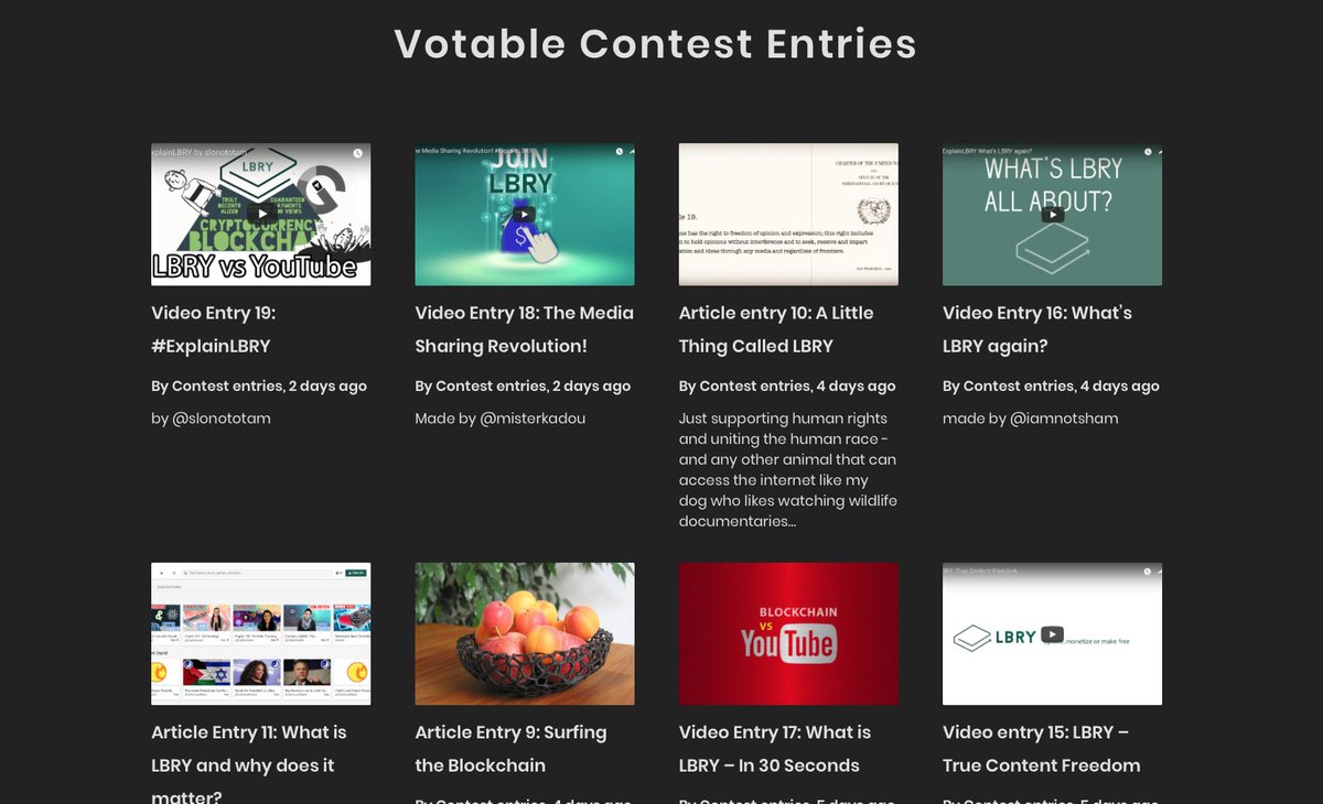 LBRYCommunity's tweet image. Visit ---&amp;gt; lbry.community/category/votab… 
To see the #LBRYContestEntries! &amp;lt;--------- There are 30 entries to watch/read. We are impressed!
#videos #articles #contests #LBRY $LBC @LBRYio #crypto #cryptocurrencies