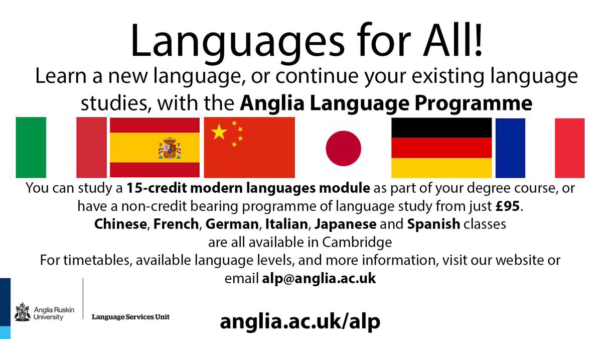 angliaruskinLSU's tweet photo. All @AngliaRuskin staff and students at our Cambridge and Chelmsford campuses can take learn a modern language on the Anglia Language Programme. A 10-week course is just £95 for staff and students. Some staff may be eligible for a fee waiver. More info: alp@anglia.ac.uk https://t.co/SIBhNE8Mlx