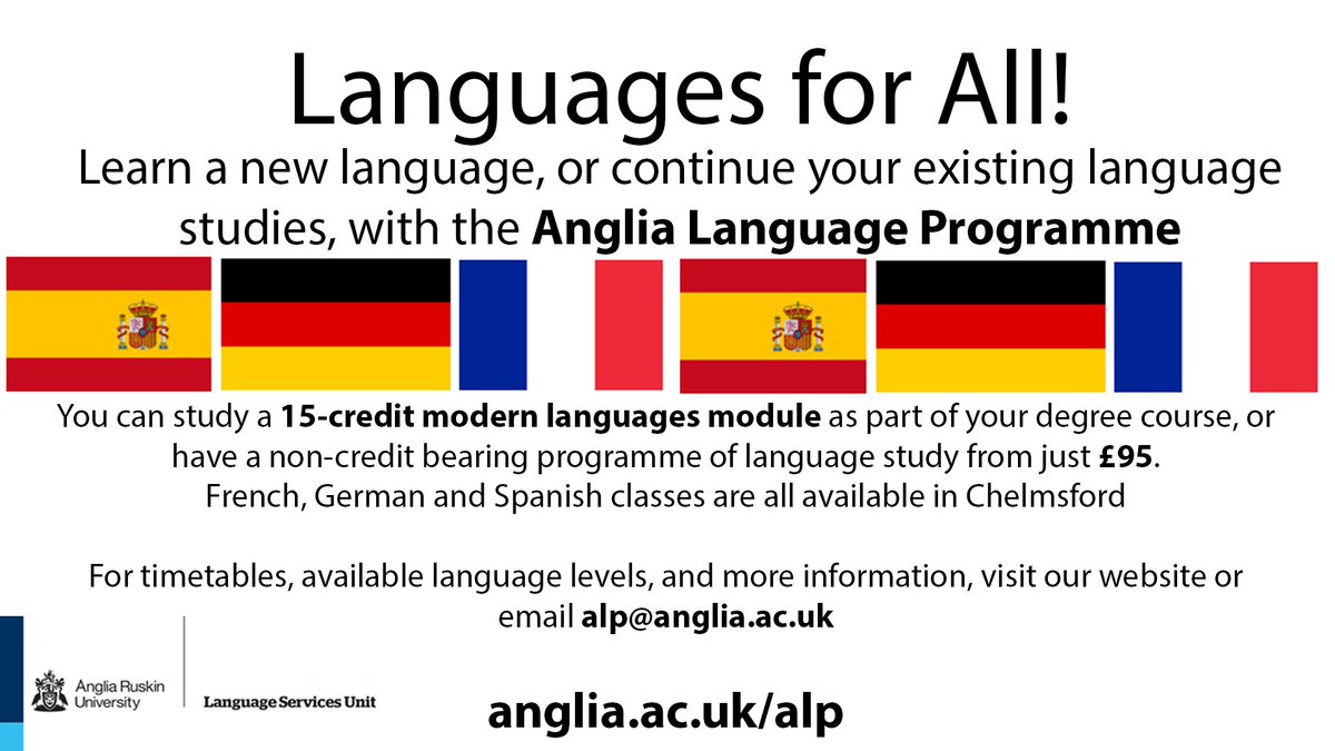 All <a href="/AngliaRuskin/">ARU</a> staff and students at our Cambridge and Chelmsford campuses can take learn a modern language on the Anglia Language Programme. A 10-week course is just £95 for staff and students. Some staff may be eligible for a fee waiver. More info: alp@anglia.ac.uk